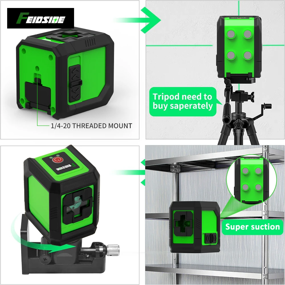 FEIDSIDE Green 2-Line Laser Leveler with Horizontal and Vertical Self Leveling for Building and Home DIY