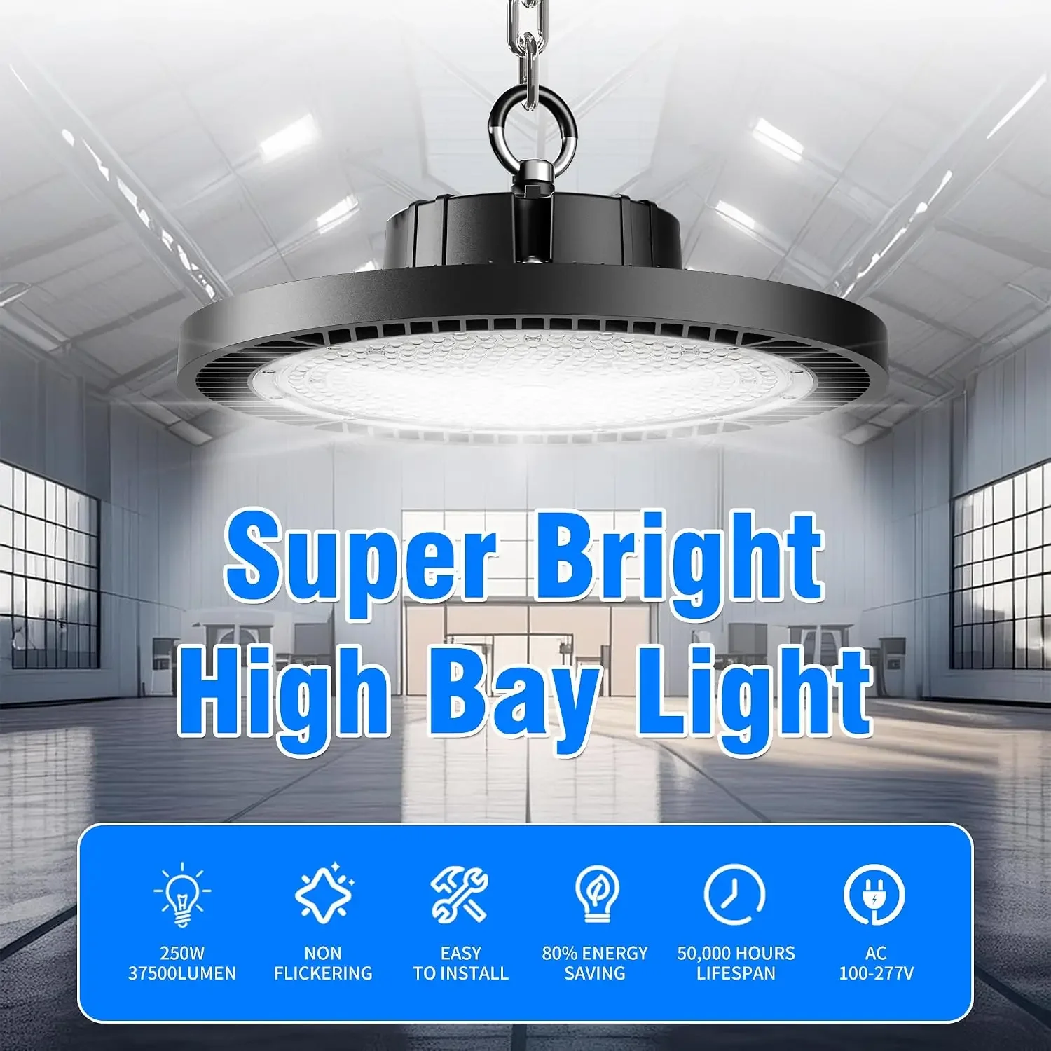 8 Pack UFO LED High Bay Light 250W, 37500LM 5000K AC100-277V UFO High Bay LED Shop Light with Plug Alternative to 800W MH/HPS fo