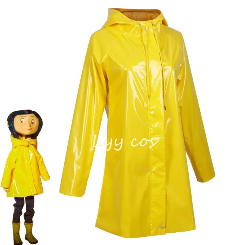 Coraline Cosplay Anime Girl Yellow Coat Trench Hair Accessories Halloween Costume Suit