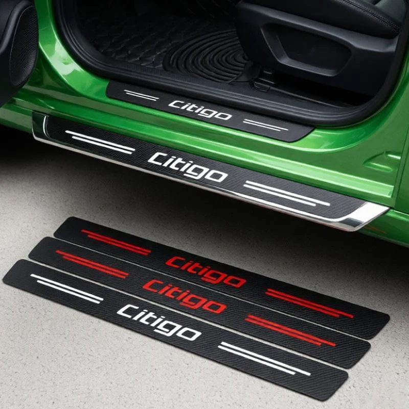 Carbon Fiber for Skoda Citigo Logo Car Door Trunk Sill Threshold Stickers Bumper Pedal Guards Protective Film Decals Decor