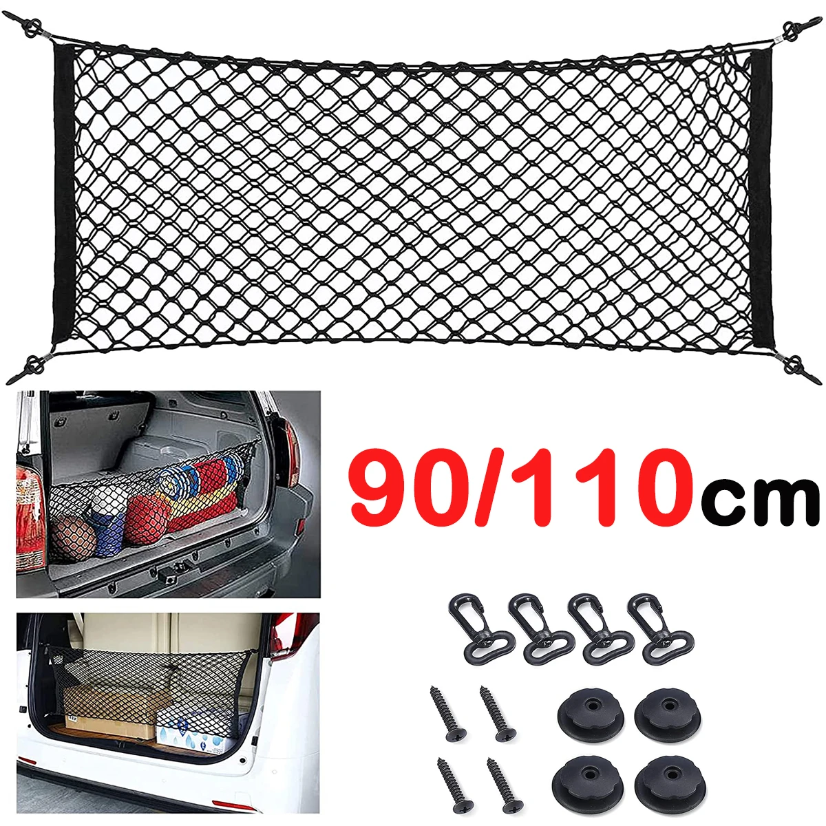 90/110cm Car Trunk Net Adjustable Elastic Rear Cargo Mesh Organizer with Hooks Universal Auto Accessories for Car SUV Truck Van