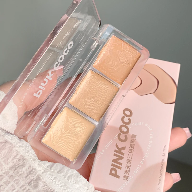 Corrector de tres colores transparente y sin costuras de Coco rosa ilumina y cubre ojeras, corrector resistente al agua para venas de acné