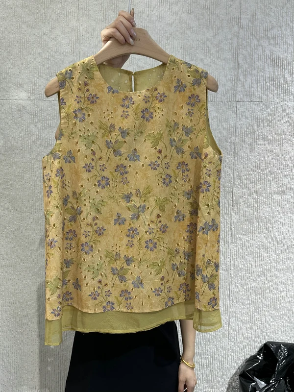 

New Chinese Style Embroidered Hollow out Shirt Women's Sleeveless Vest Purple Flower Design Commute Style Polyester Fiber