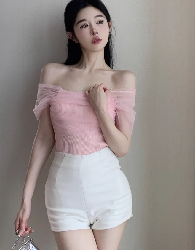 Woman Knitted Summer Sexy Simple T Shirts 2024 Ropa Mujer Patchwork Gauze Tunic Tees Y2k Clothing Casual Fashion Korean Crop Top