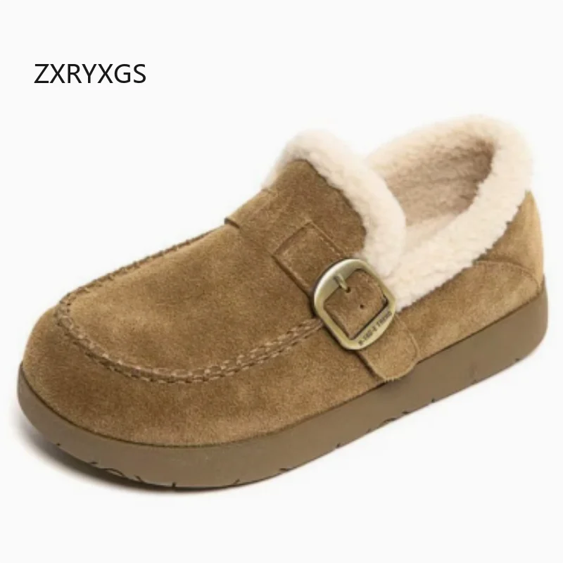 ZXRYXGS 2026 New Matte Cowhide with Velvet Winter Flat Shoes Snow Warm Comfort Genuine Leather Shoes Women Flats Cotton Shoes