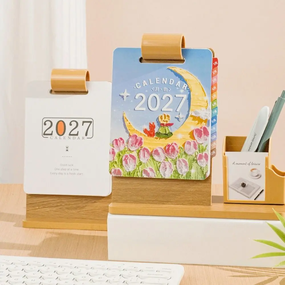 Creative Wood 2027 Desk Calendar Pen Holder Multifunctional Pen Holder Calendar Creative Desktop Planner Stand Business Gift
