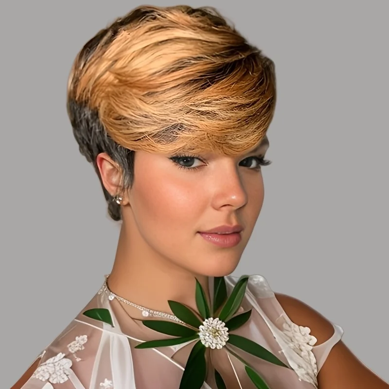 

Short Synthetic Hair Cut Wig Sshort Elf Cut Wig Suitable for Women Straight Black Women's Wig Short Gradually Changing Col
