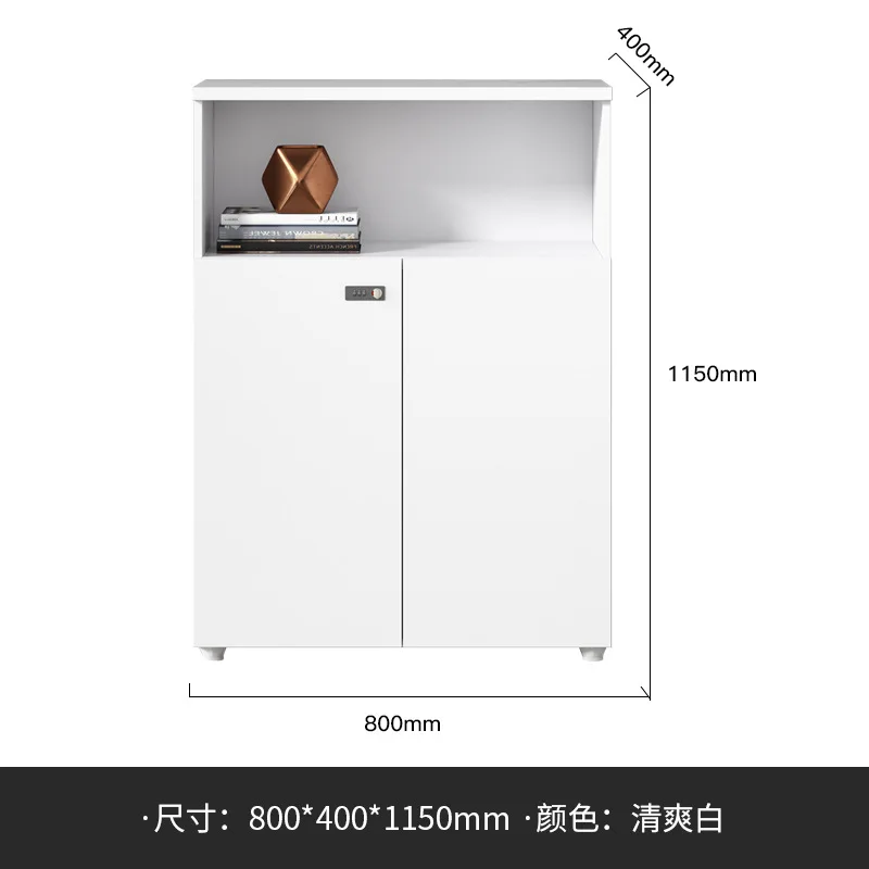 White wooden filing cabinet, floor information with password, office printer tea partition cabinet