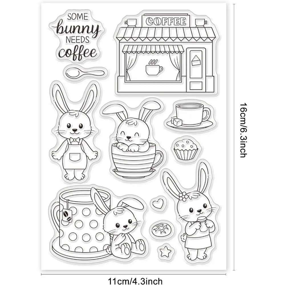 Bunny and Coffee Silicone Clear Stamps Animals and Afternoon Tea Transparent Stamps for Birthday Valentine's Day Cards Making