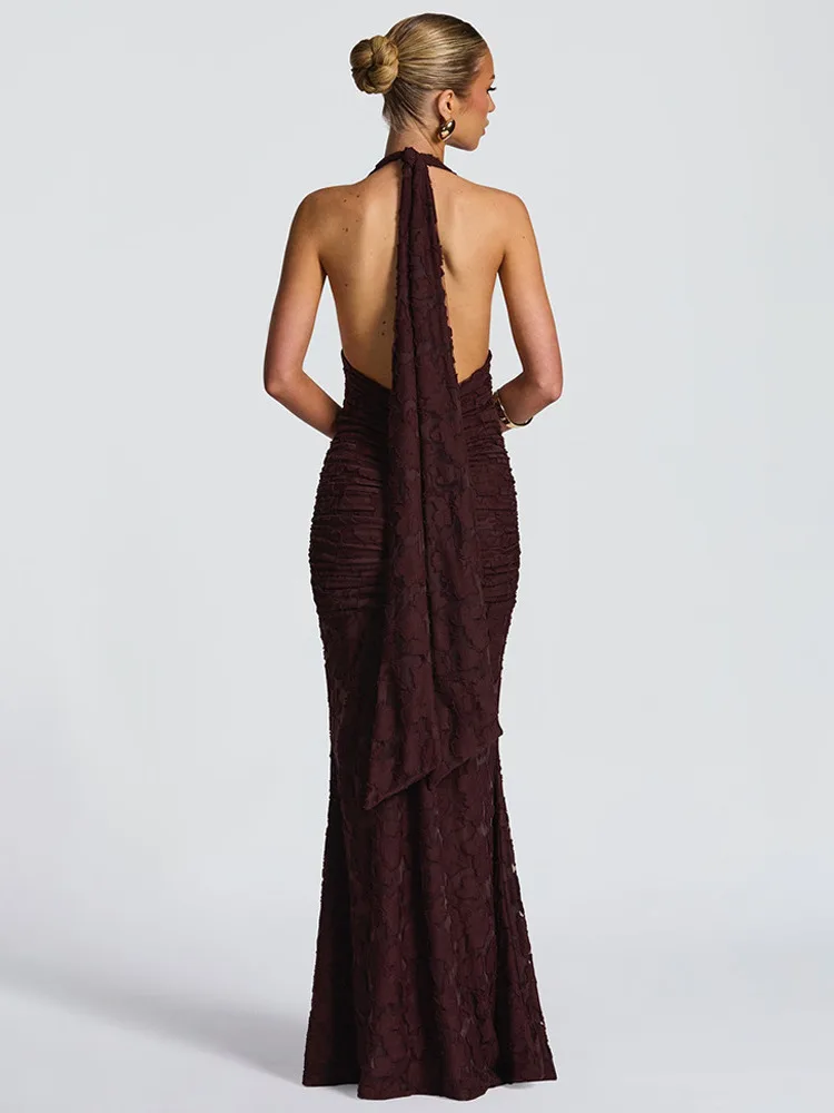 Absobe العميق الخامس الرقبة الزهور المرقعة فستان ماكسي المرأة الرسن التعادل تانك مثير عارية الذراعين Ruched الشريط فستان طويل مساء الحفلات