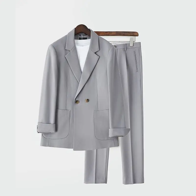 Men's Korean Style Loose Fit Blazer Suit Set Casual Light Mature Business Outfit with Drape Fabric Edgy Autumn Sport Coat
