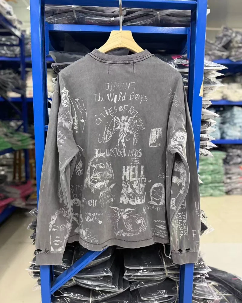 PALY Heavy Industries Distressed Fall High Street Retro Distressed Washed Men's Women's New Long-Sleeve T-Shirt