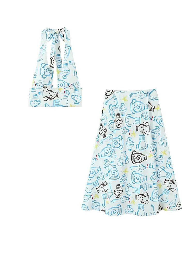 

Летний укороченный топ с принтом и длинные юбки, одинаковые комплекты, женский пляжный комплект из 2 предметов