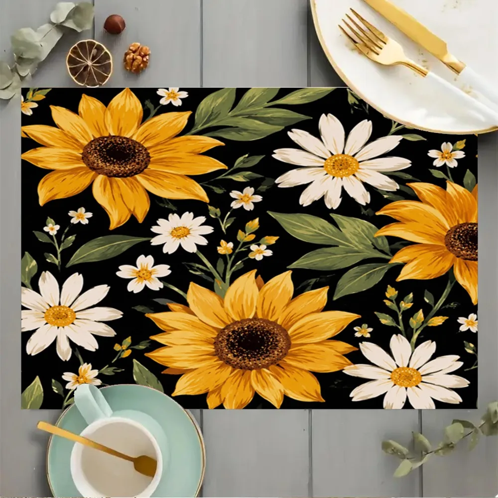 Fall Harvest Floral Table Mats Cream‑Tone Sunflower Maple Tiny Wild Flower Foliage Pattern Placemat for Home Dinner Table Decor