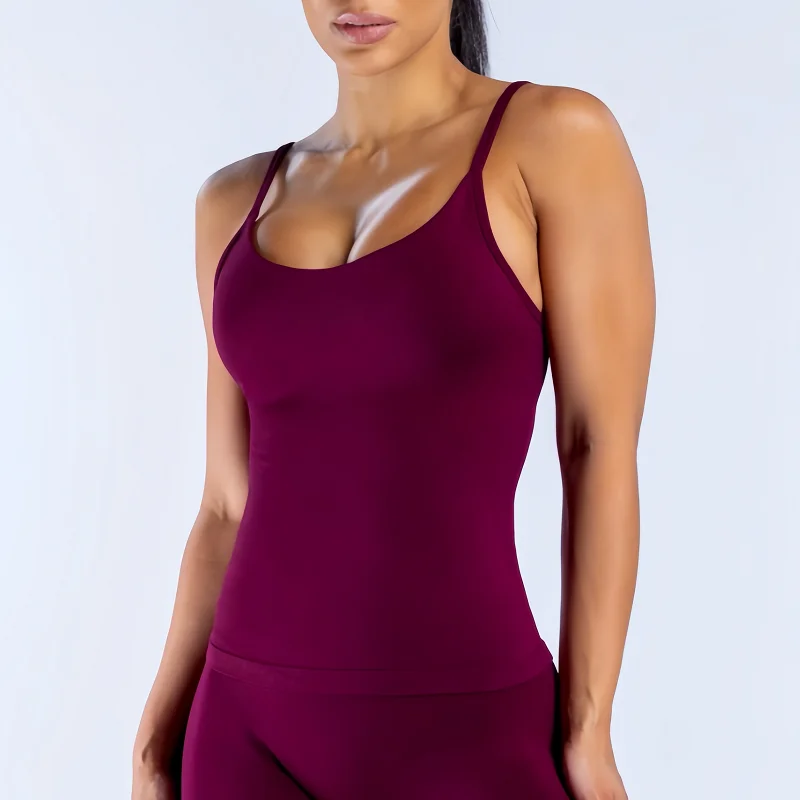HISTELLO Impact Scoop Neck Top Women Seamless Thin Strap Slim Fit Yoga Vest Skin Friendly Soft Stretchy Gym Running Workout Top