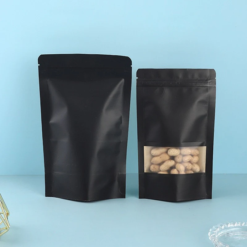 Customized Printing Of Black Kraft Paper Standing Window Bags For Nut, Tea, Snack Packaging Pouch