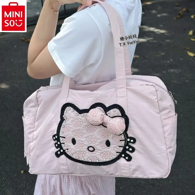 MINISO 2025 New Retro Leopard Pattern Hello Kitty Shoulder Tote Bag for Women, Large Capacity Versatile Luggage Tote Bag