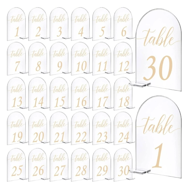 

30pc Arched Acrylic Sign 1-30 Table Signs Clear Table Number Display Stand Decor