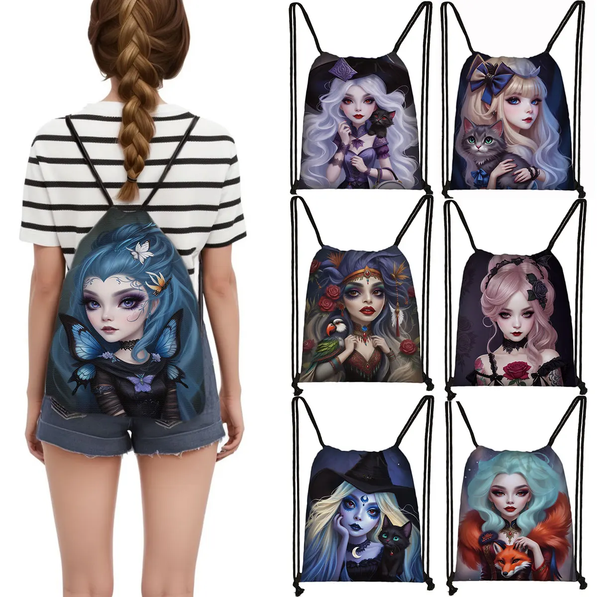 Fantasy Witch Black Cat Pattern Backpack Skull Witchcraft Drawstring Bags Fairy Gothic Girls Travel Women Book Bag Shoes Holder