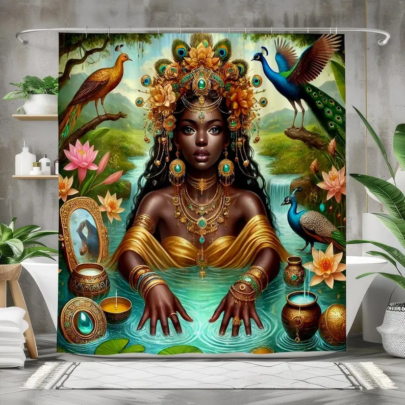 

African Goddess Oshun Shower Curtain, Bath Curtain, Waterproof Fabric, Bathroom Decor, Elegant Ethnic Design
