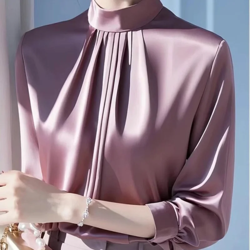 French Brown Satin Shirt Tops for Women's Spring 2025 New High-end Commuter Shirt