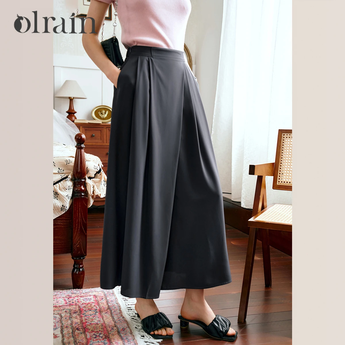 

OLrain Women Slacks 2026 Autumn French Yamamoto Casual Solid Pants High Waist Wide Leg Commuter Nine Points Culottes M56QK91506