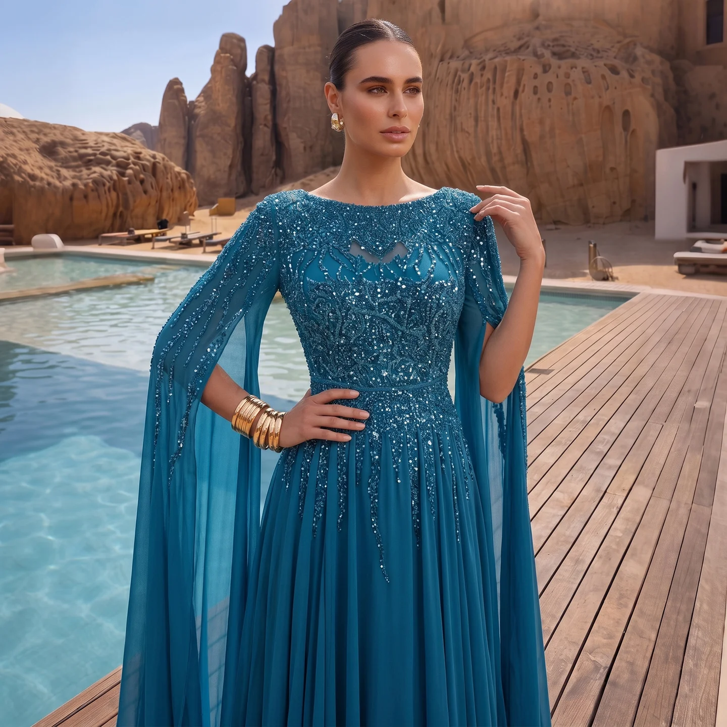Sharon Said Abendkleid Luxuriöses A-Linien-Kleid mit Pailletten, Cape-Ärmeln und Perlen für Hochzeit, Abschlussball, Dubai, formelle Party, Ballkleid SS105, maßgeschneidert – Detail 5