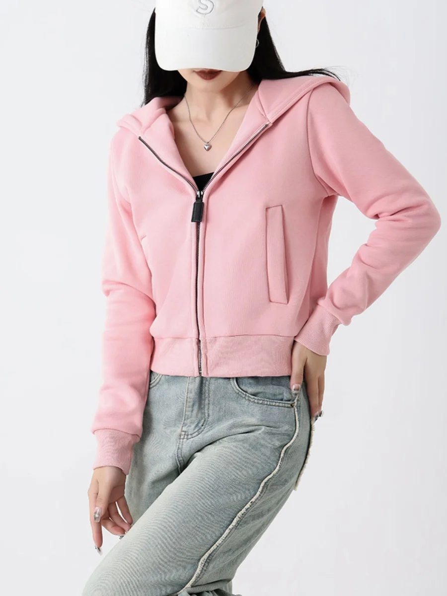 

American Style Pink Fleece Lined Slim Fit Zipper Thickened Hoodie Women's Autumn Winter Short Open Cardigan Top Street Style