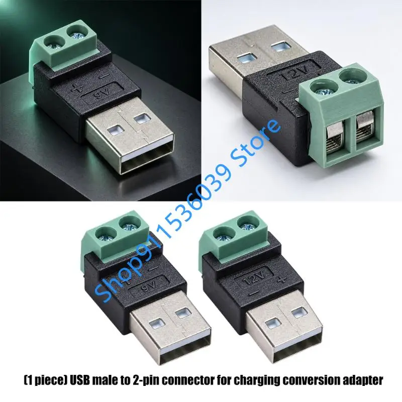 9V 12V USB 2.0 Type A Male to 2 Pin Screw Block Connector USB Adapter USB to 2Pin Screw Terminal Plug Charging Adapter Converter
