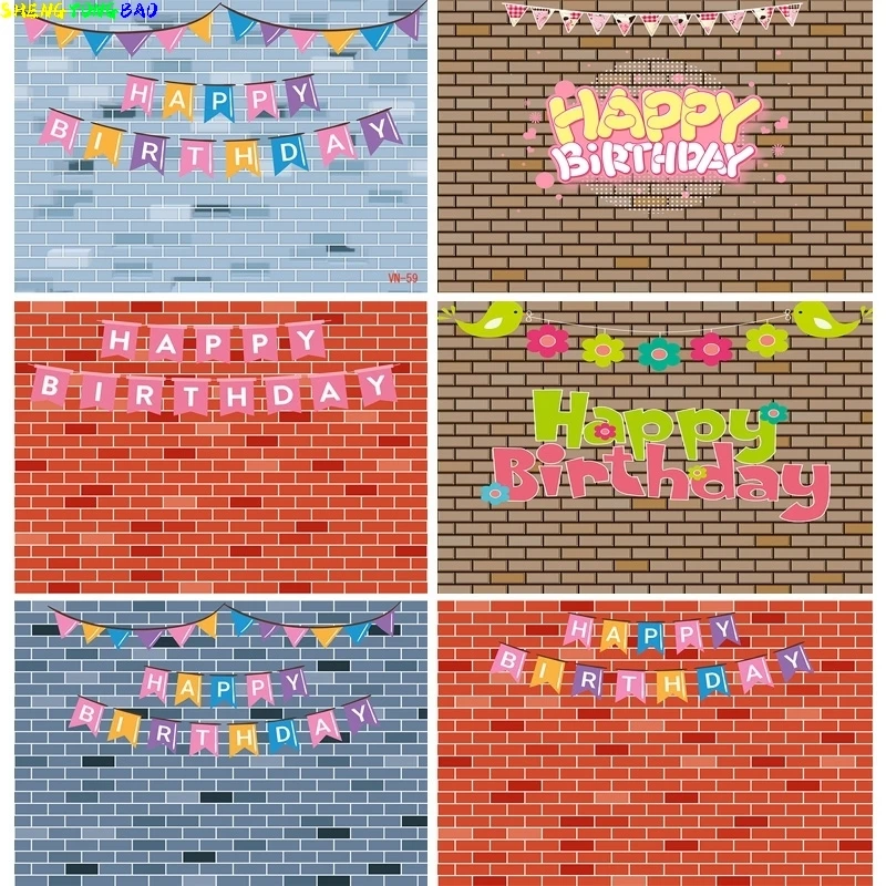 Gray White Brick Wall Happy Birthday Photography Backdrops Props Texture Children Party Theme Photo Studio Background QZ-23