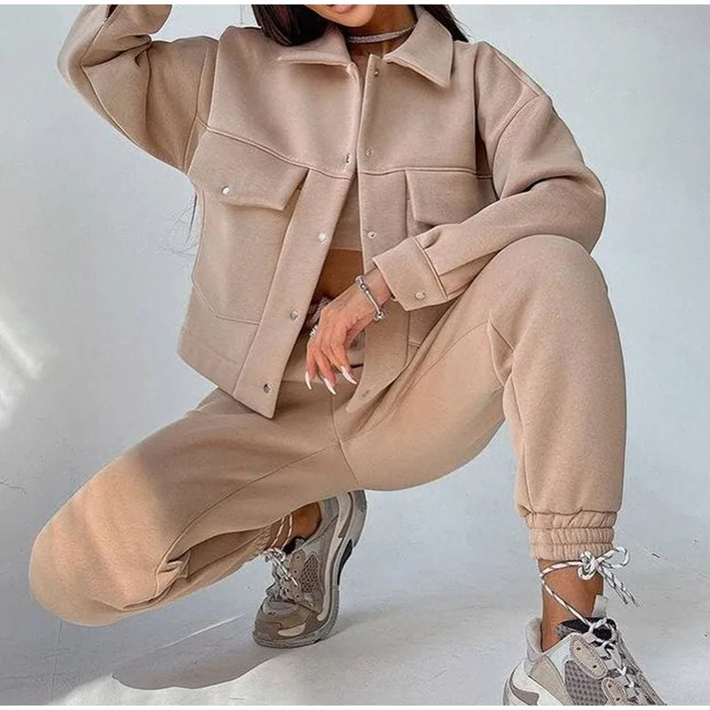 Women Casual Two Piece Sets Autumn Winter Fashion Female Warm Suits Turn-Down Collar Jacket And Drawstring Trouser Tracksuits