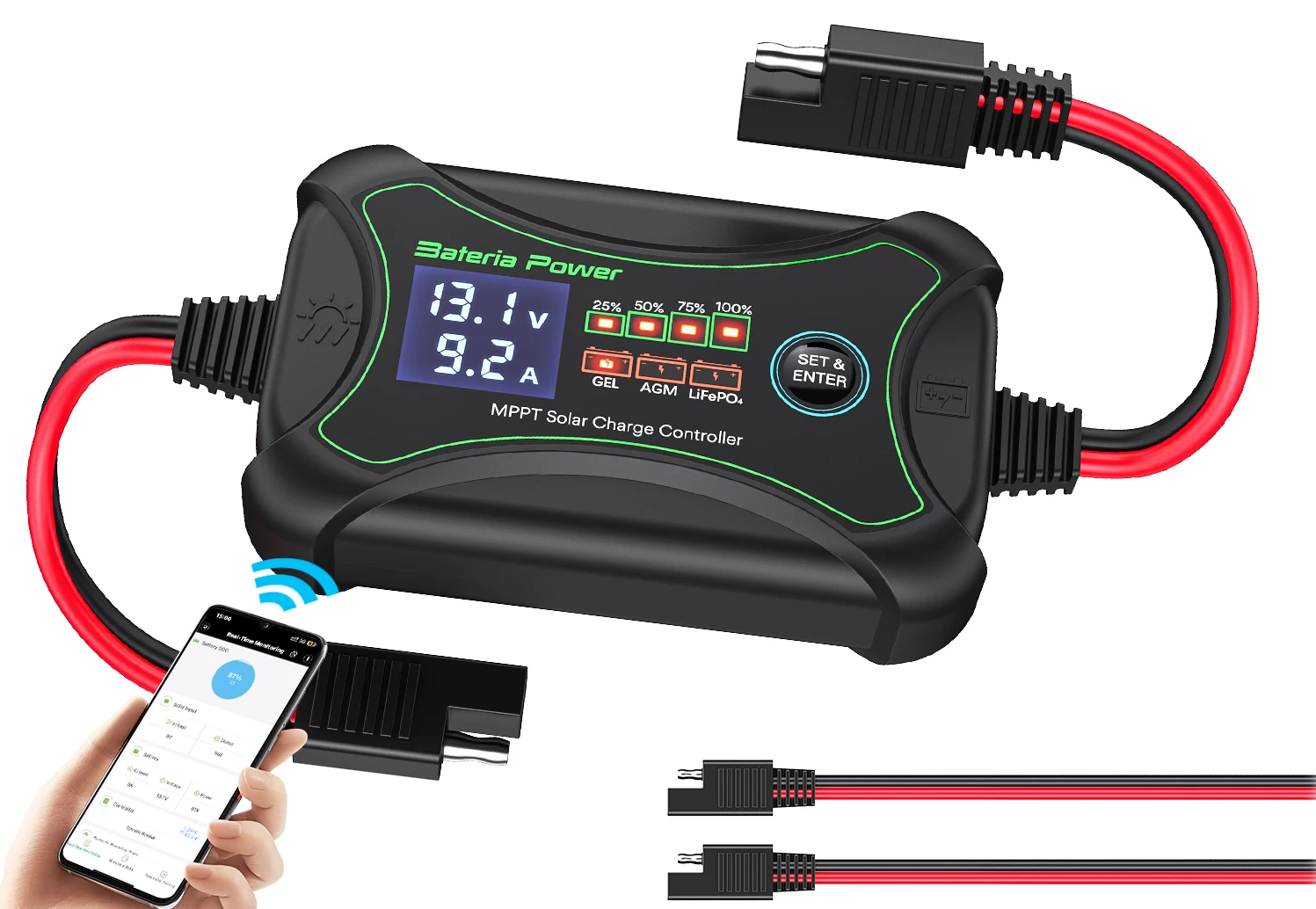 Imagem -02 - Controlador de Carga Solar sem Fio Mppt 10a com bt Bateria de Energia 12 Volts Telefone App Controle Inteligente Regulador Solar com Lcd