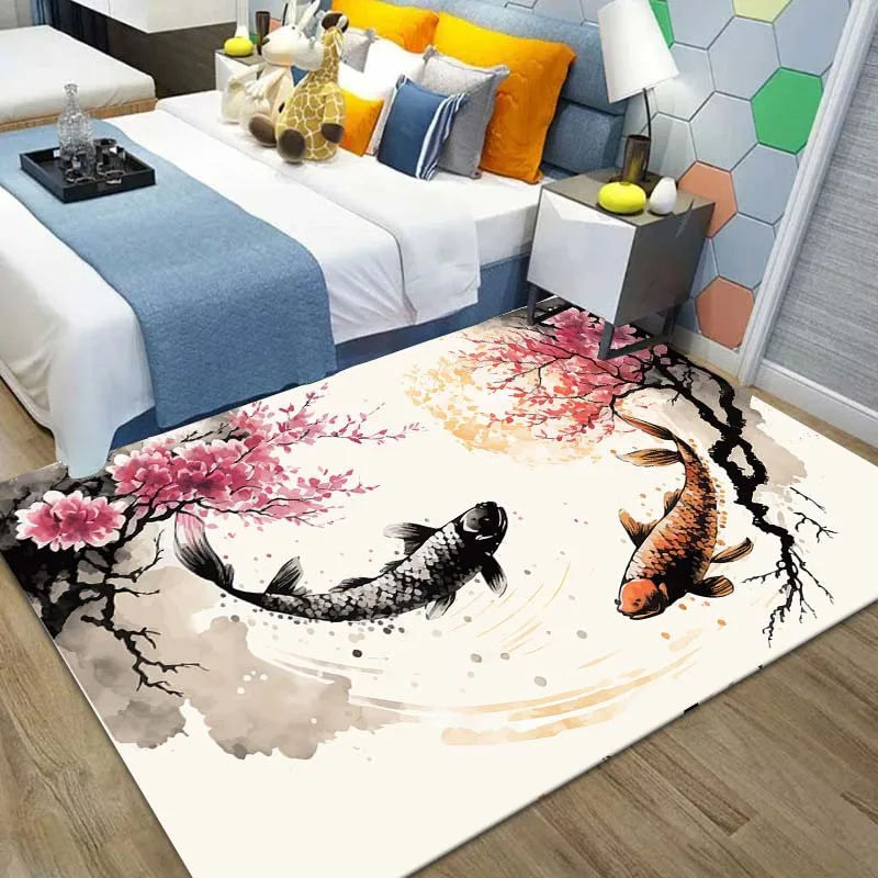 Chinese Koi Carp Ink Painting Good Luck Rug Pink Cherry Blossoms Carpet for Living Room Bedroom Home Decor Door Mat Floor Mats