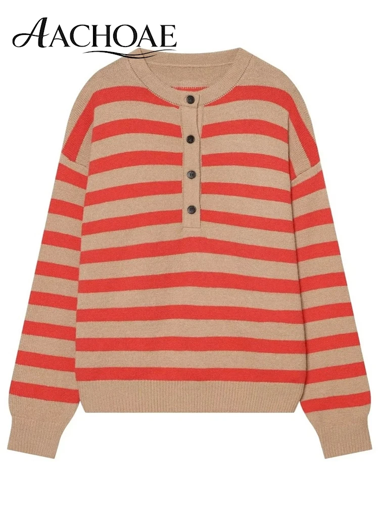 AACHOAE Women Striped Knit Sweater Crew Neck Button Front Long Sleeve Loose Pullover Casual Vintage Autumn Winter Knitwear Top