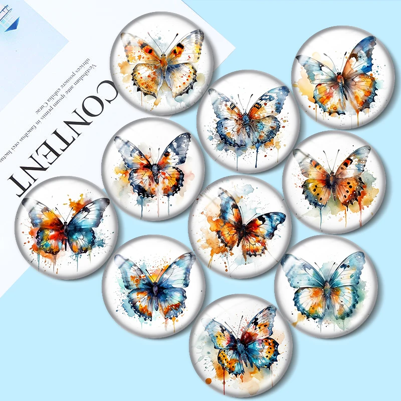 Watercolor butterfly Clipart 10pcs 12mm/18mm/20mm/25mm Round photo glass cabochon demo flat back Making findings