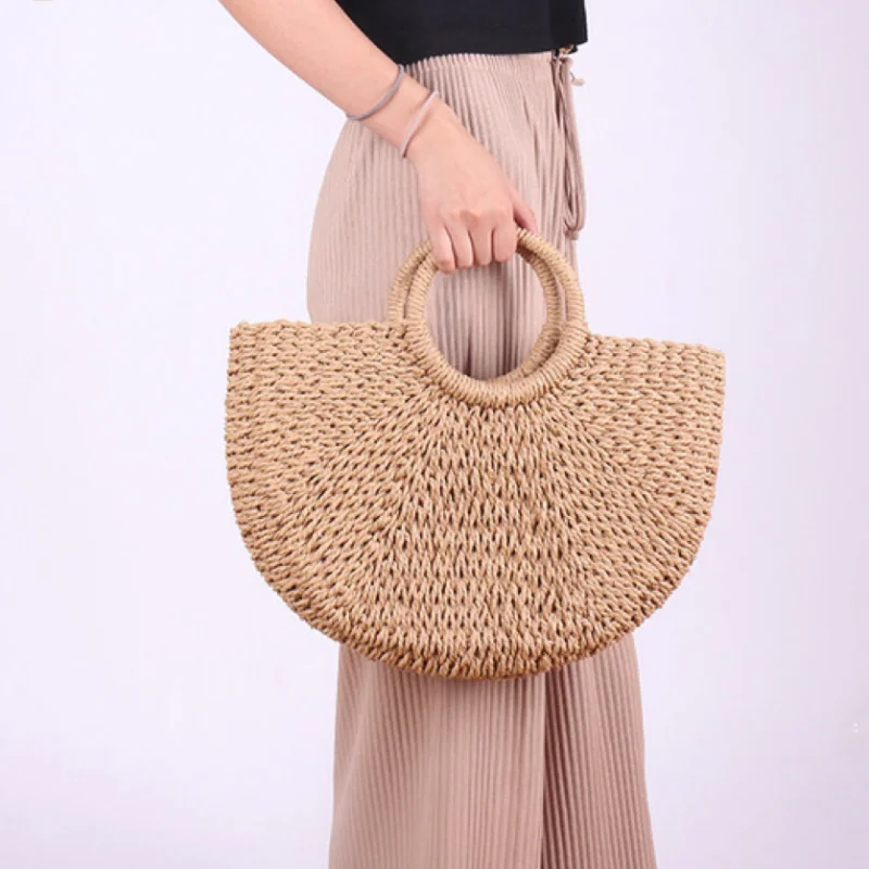 Grass Woven Bag New Paper Rope Round Bucket Simple Solid Color Woven Bag Retro Casual Handheld Vacation Beach Bag