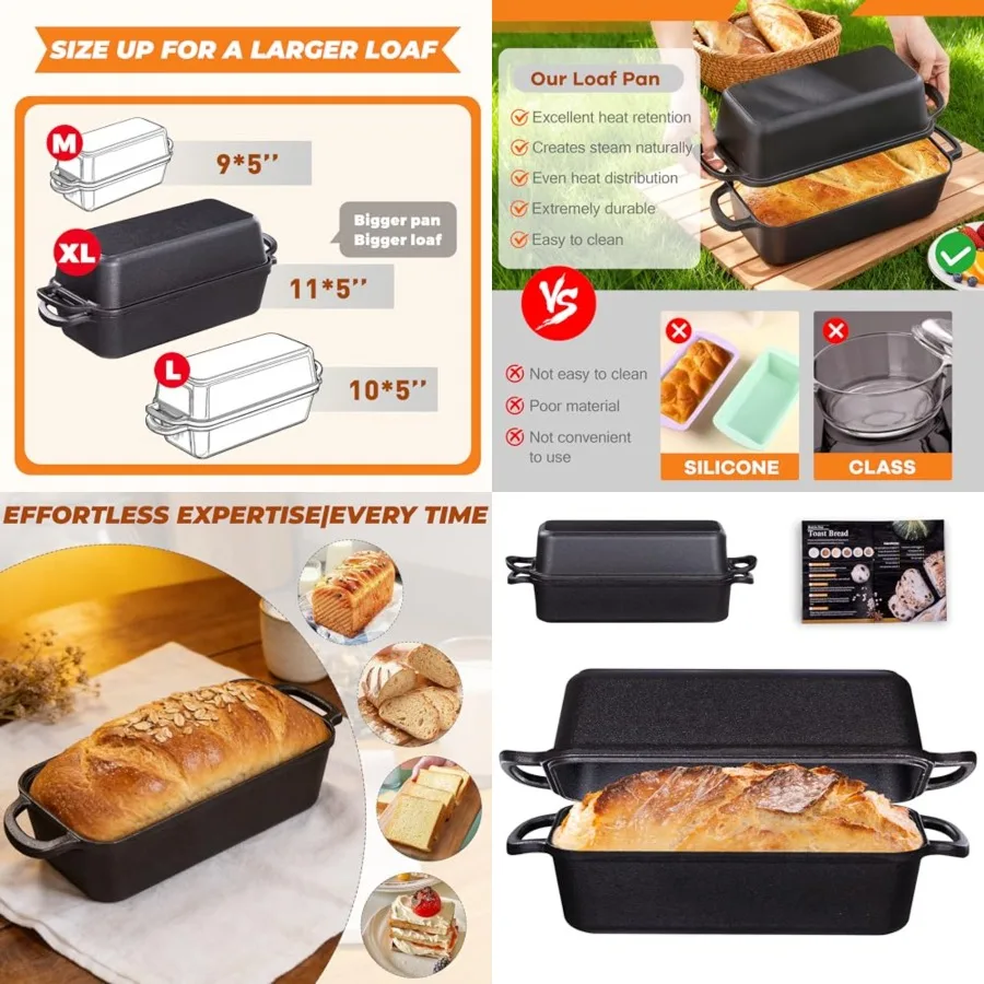 

Cast Iron Loaf Pan, 5.8 Qt Large Dutch Oven Loaf Pan with Lid, Sourdough Bread Bakg Pan for Homemade BreadMeatloaf, Even Heat D