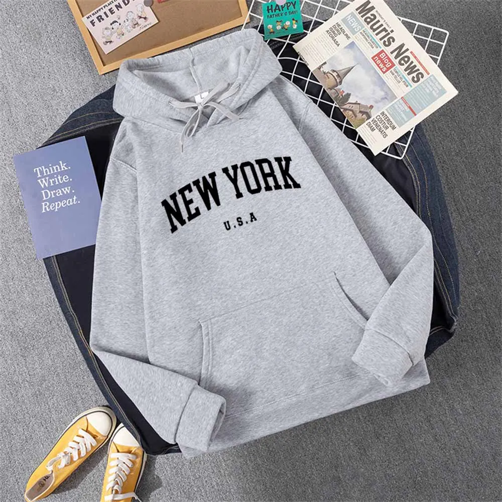 Men Women New York U.S.A City Hoodies Fashion Letter Printed Graphic Sweatshirts Loose Casual Harajuku Hooded Pullover Sportwear