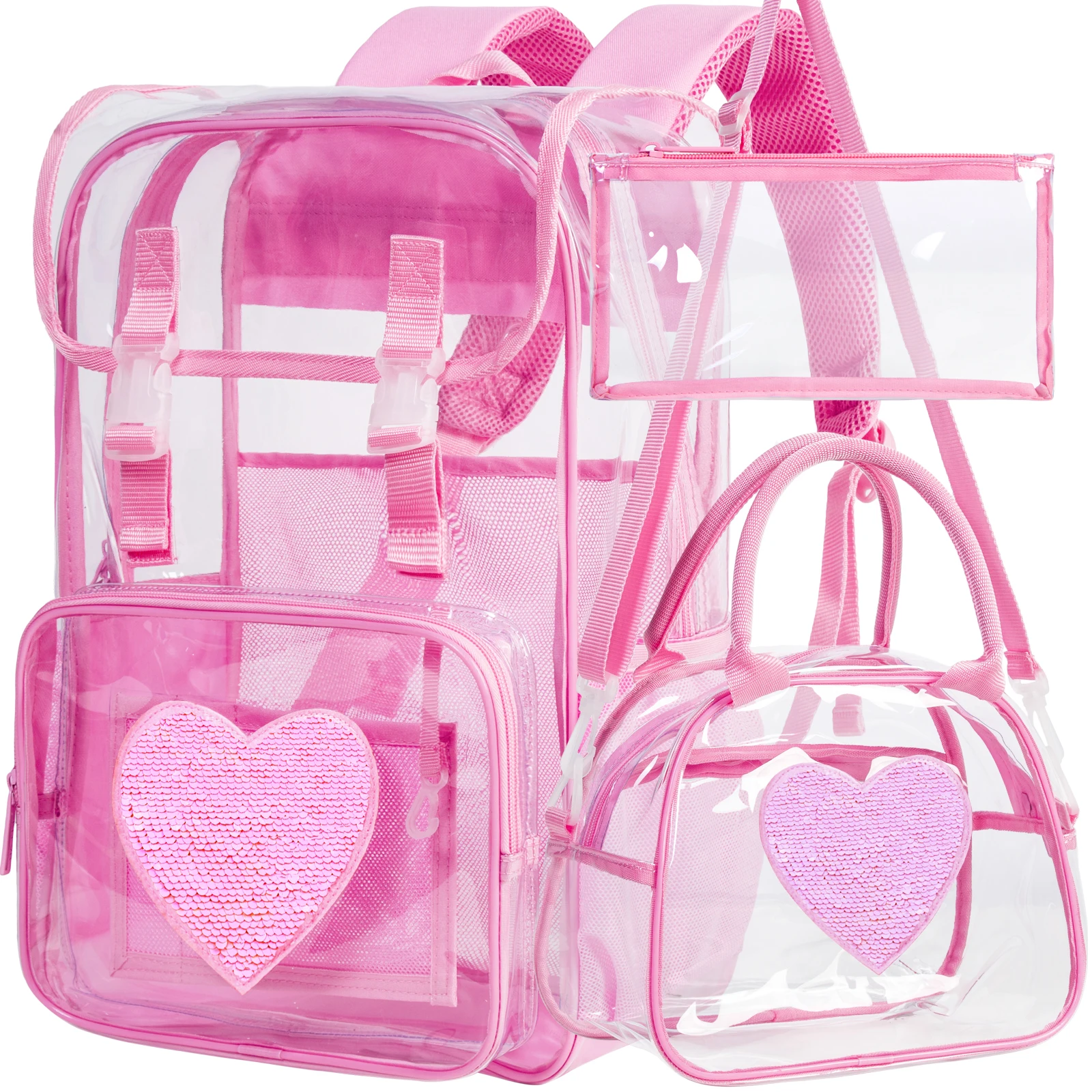 

3PSC Clear Backpack, Heavy Duty Transparent Bookbag for Girls Women, Stadium Approved See Through Backpack with Lunch Box (Pink