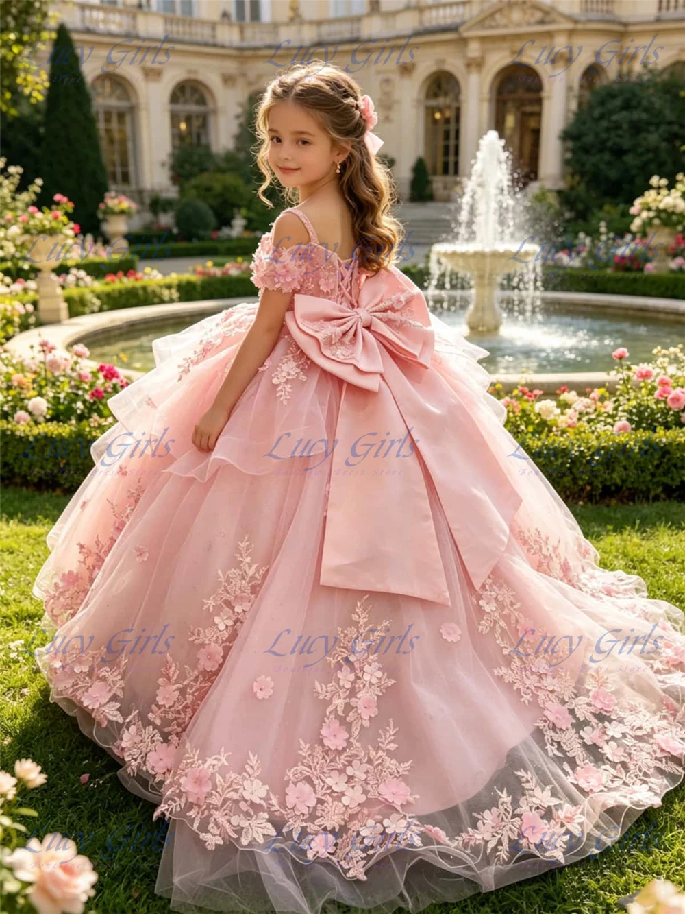 

Quality Elegant Pink Flower Girl Dress Feather Baby Girls Birthday Party Gowns Beading Kids First Pageant Gowns Customized