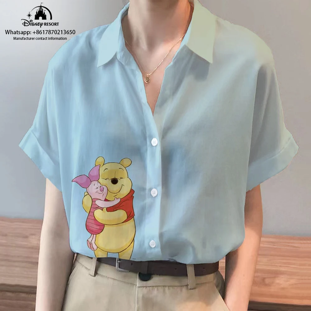 Summer Ladies New Disney Brand Winnie the Pooh and Stitch Anime Harajuku Short Sleeve Shirt Fashion Casual Women\'s Kawaii Tops