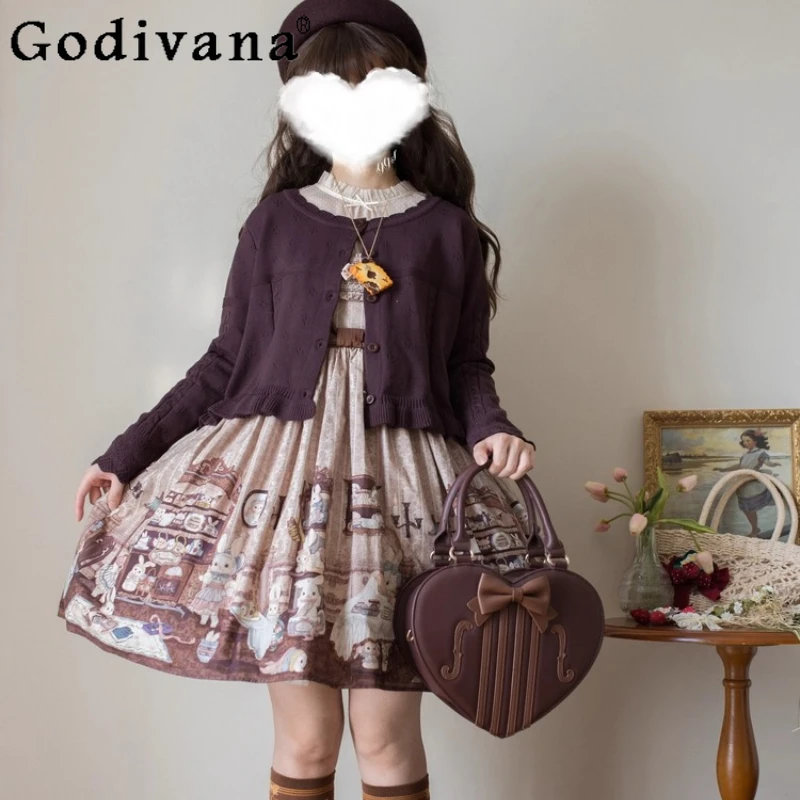 

Japanese Sweet Lolita Knitted Cardigan Jacket New Spring and Autumn Soft Girls Kawaii Round Neck Knitted Long Sleeve Top Coats
