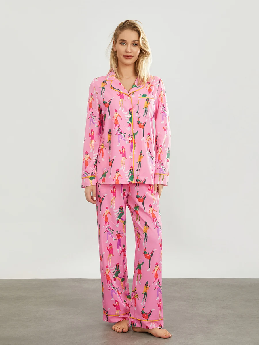 Women Floral Two Piece Pj Lounge Set Y2k Print Long Sleeve Shirt Wide Leg Pants Matching Pajamas Sets 2 Piece Outfit