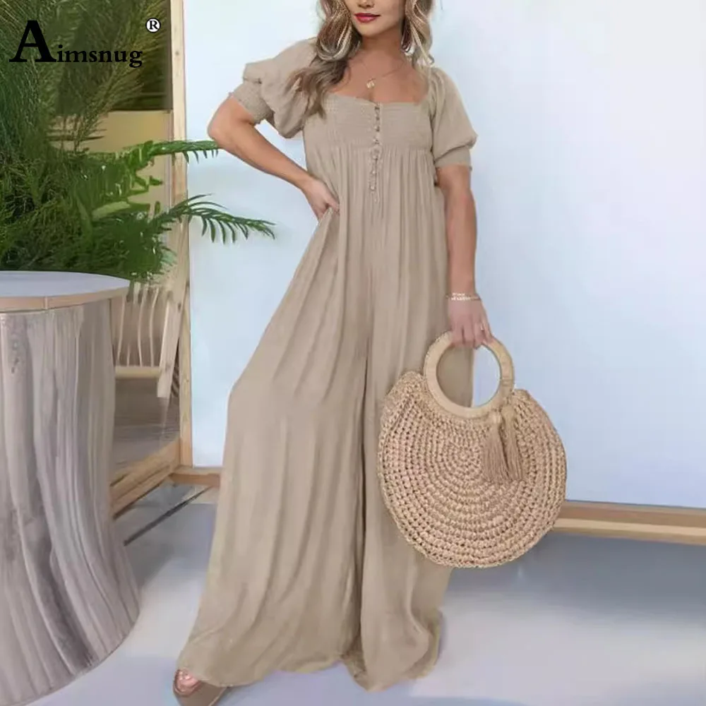 

2024 New Summer Casual Jumpsuit Women Square neck Overalls Female Wide Leg Full-Length Pants Batwing Sleeves Onesie Bodysuits