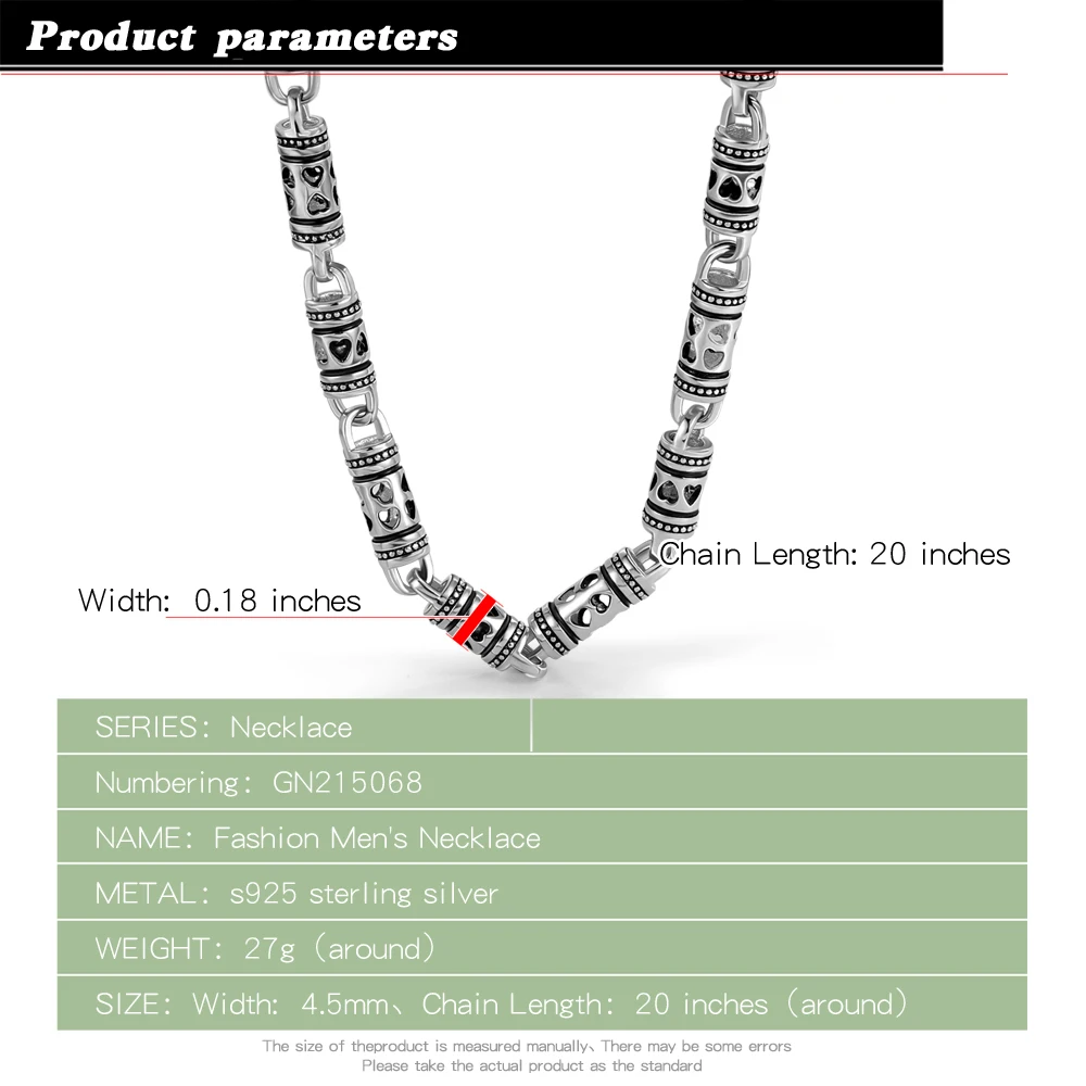 Vintage Fashion Classic round tube Chain Necklace Men 925 Sterling Silver Long Necklace For Men Women Chain Men Necklace Jewelry