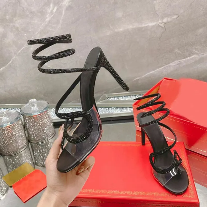 Summer Sandals Women Rhinestones Snake Twine Around Ankle Strap Wedding Shoes Fashion PVC Crystal High heels Gladiator Sandals