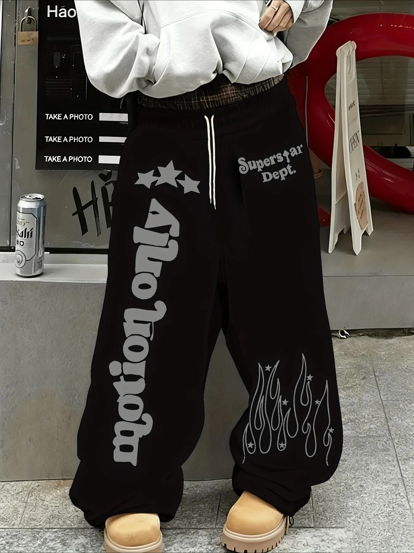 Unisex Hip Hop Streetwear 3D Flame Star Letter Print Quick Dry Straight Pants Elastic Drawstring Waist Trousers Street Outfit