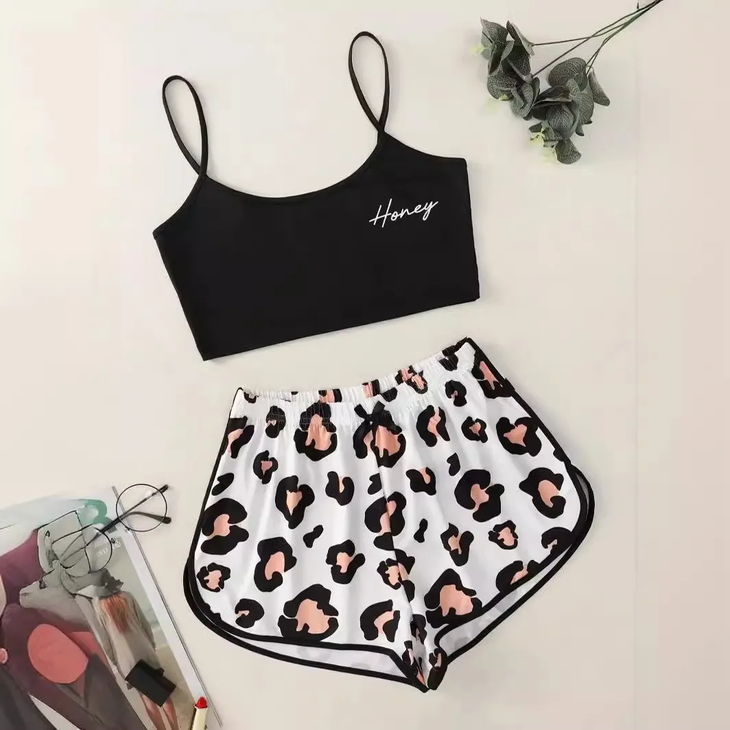 Women\'s 2pcs Cute Soft Comfy Sexy Set Letter Leopard Print Sleeveless Sleepwear & Loungewear Summer Pajama