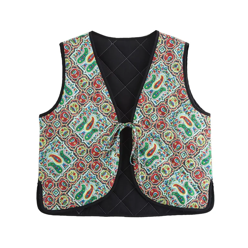 KEYANKETIAN 2024 Autunno delle nuove donne Paisley stampa senza maniche imbottito gilet stile etnico fiocco con lacci gilet sottile retrò corto Top