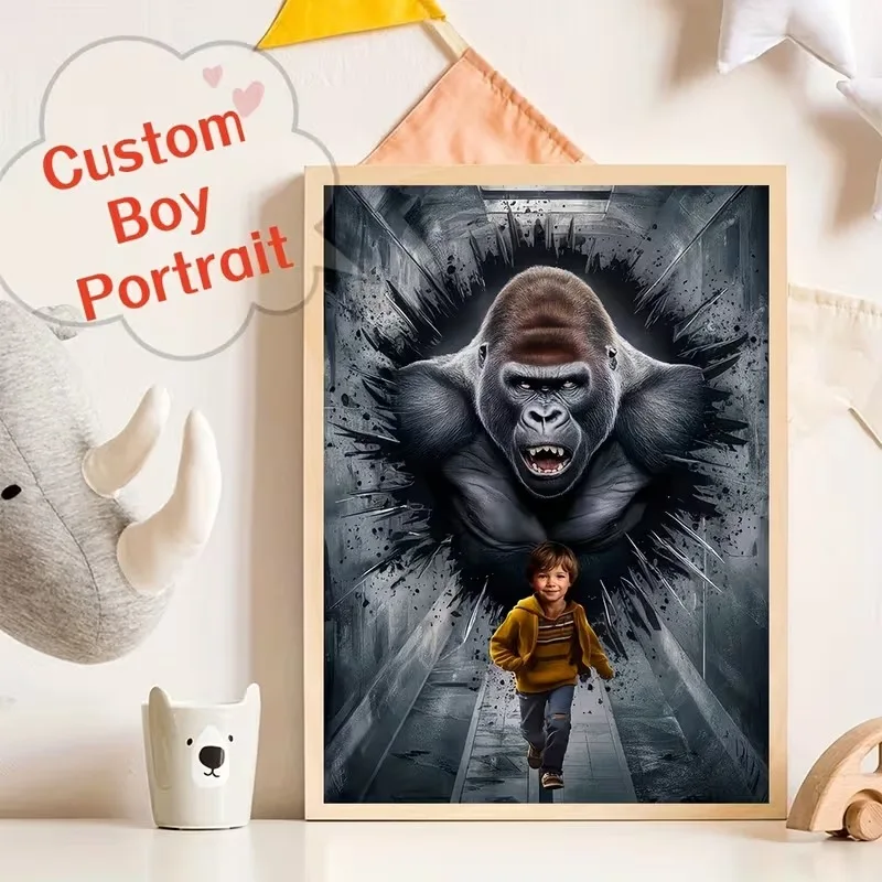 Jungle Adventure Themed Personalized Canvas Poster Roaring Gorillas Dinosaur Picture Custom Boy Portrait Art Kid Room Wall Decor